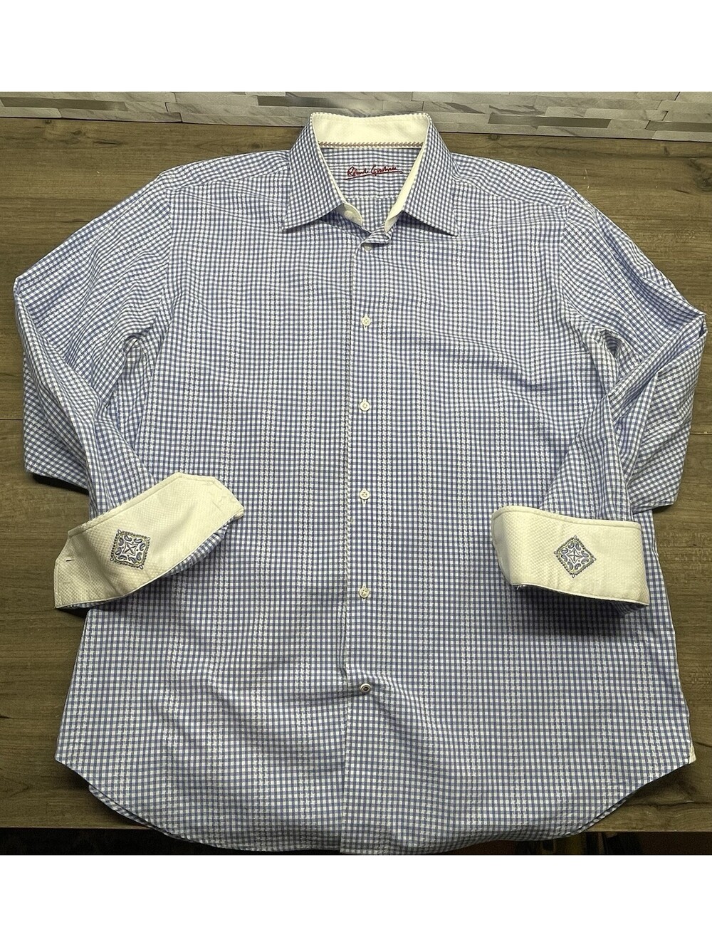 Robert Graham Stars Checkered Long Shirt Men’s L/XL 43-17 Blue Plaid Flip Cuff